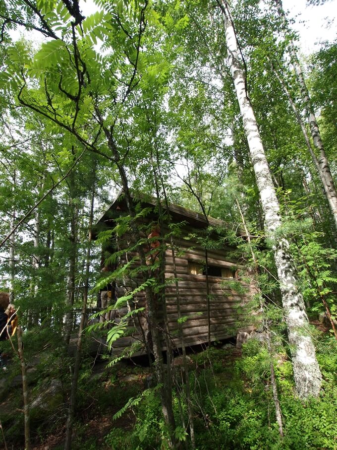 フィンランドの湖畔、森の中のサウナ